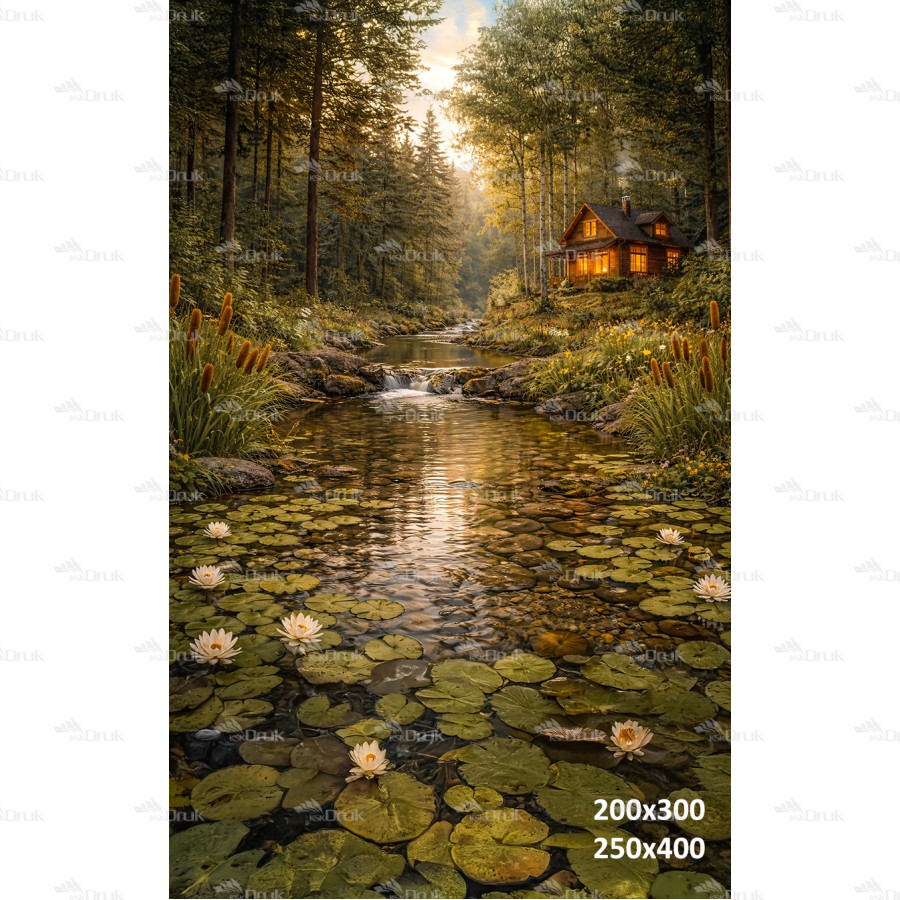 Tło fotograficzne „Leśny strumień z domkiem o zachodzie słońca” | 4089